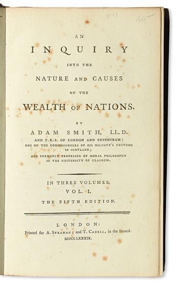 SMITH, ADAM. An Inquiry into the Nature and Causes of the Wealth of Nations . . . Fifth Edition.  3 vols.  1789